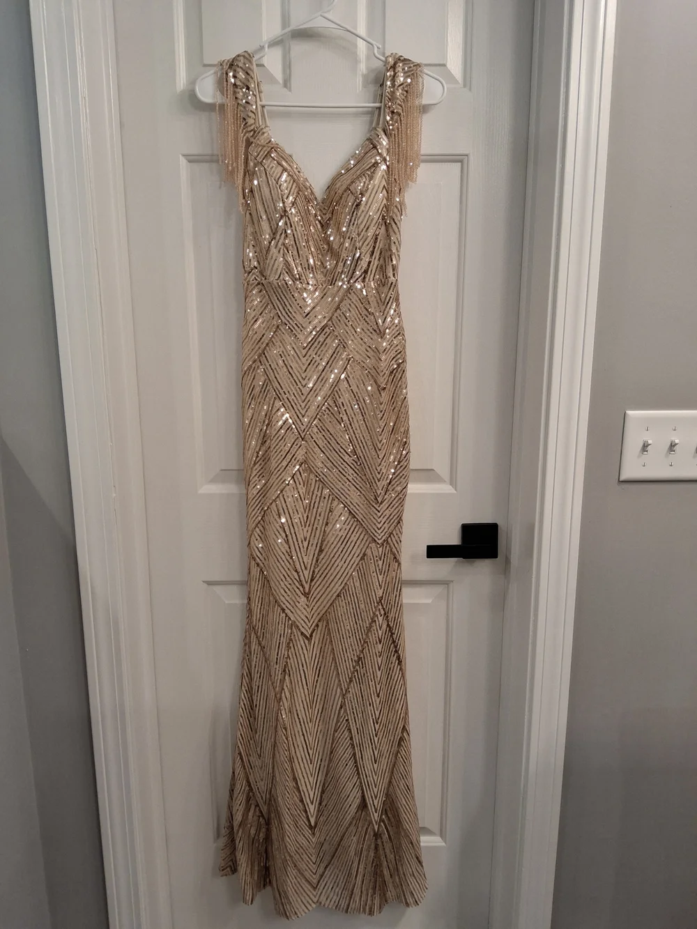 Beaded ROSE GOLD Sequin Evening Gown with‎ Fringe Shoulders